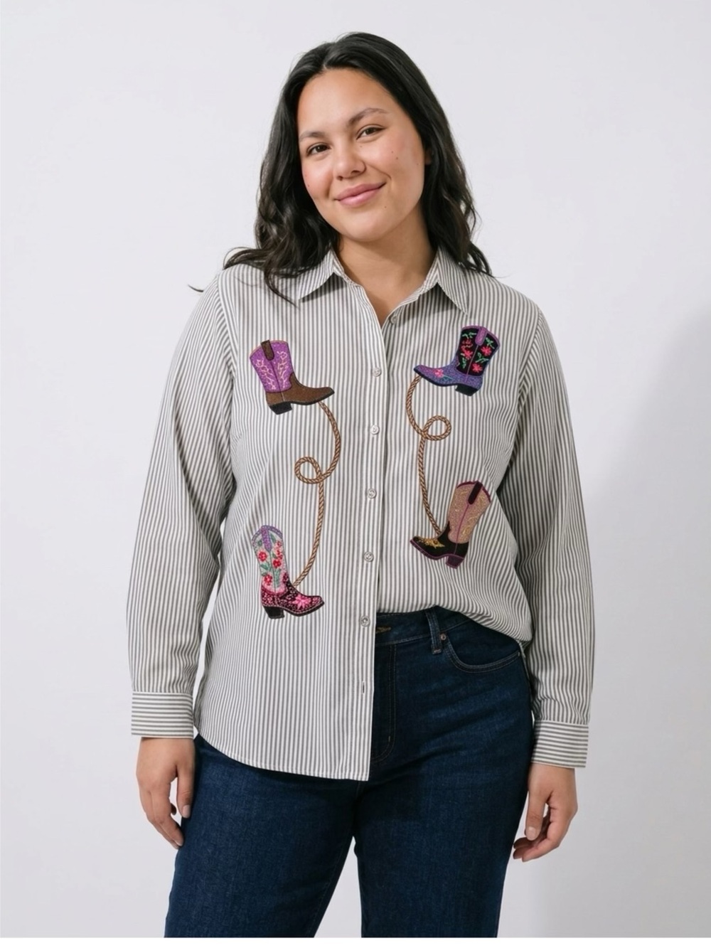 Bobbie Brooks Gray Striped Button-Down Shirt with Embroidered Boots Western XL
